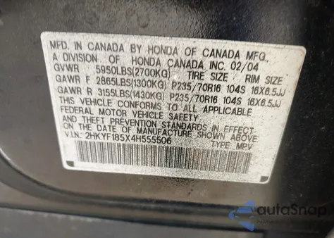 2004 Honda Pilot Ex-L from USA, damaged, VIN 2HKYF185X4H555506